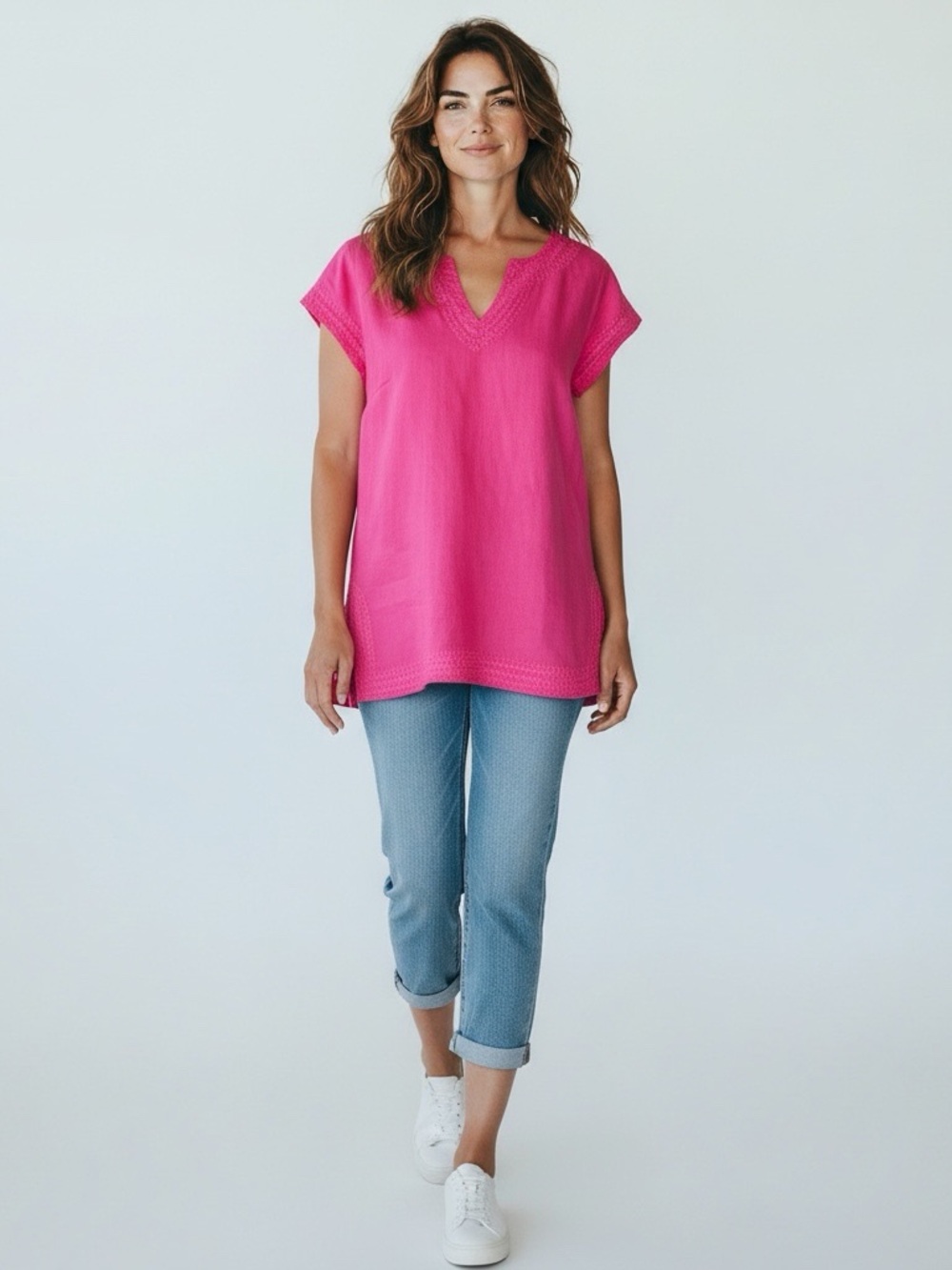 St. Tropez Linen Embroidered V-Neck Cap Sleeve Top Pink